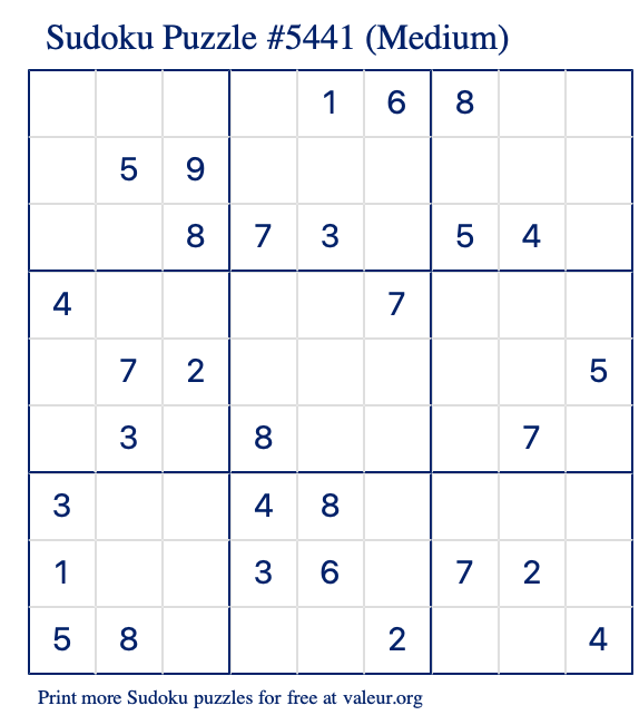 Free Printable Medium Sudoku Puzzle number 5441