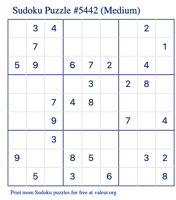 Free Printable Medium Sudoku Puzzle number 5442