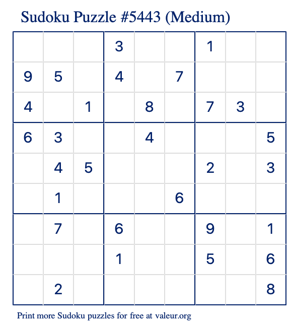 Free Printable Medium Sudoku Puzzle number 5443