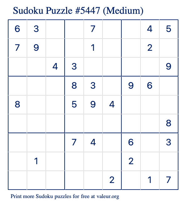 Free Printable Medium Sudoku Puzzle number 5447