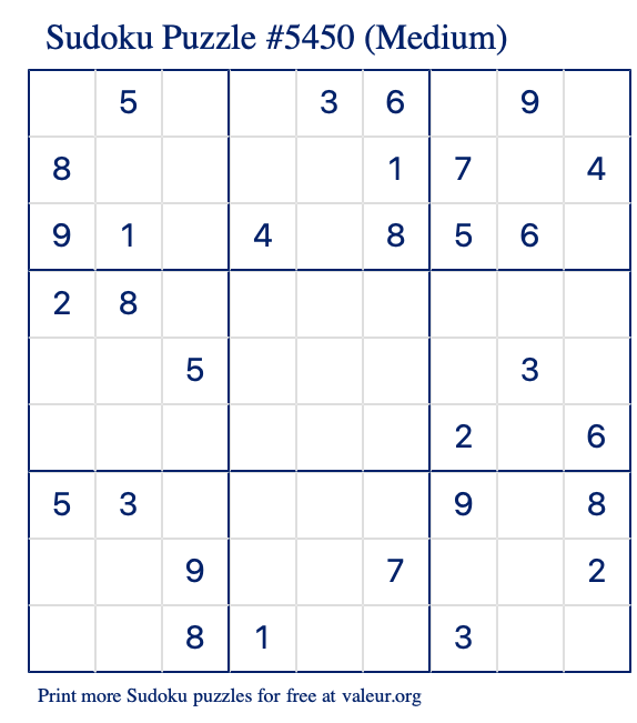 Free Printable Medium Sudoku Puzzle number 5450