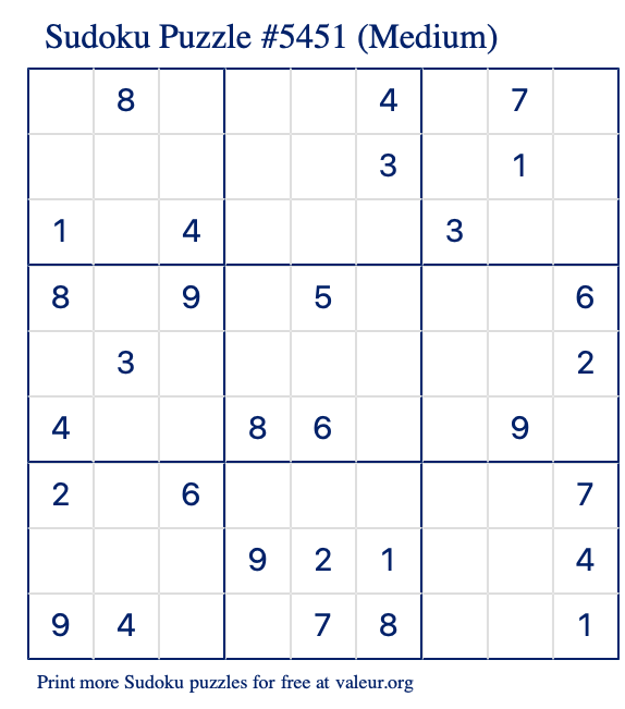 Free Printable Medium Sudoku Puzzle number 5451