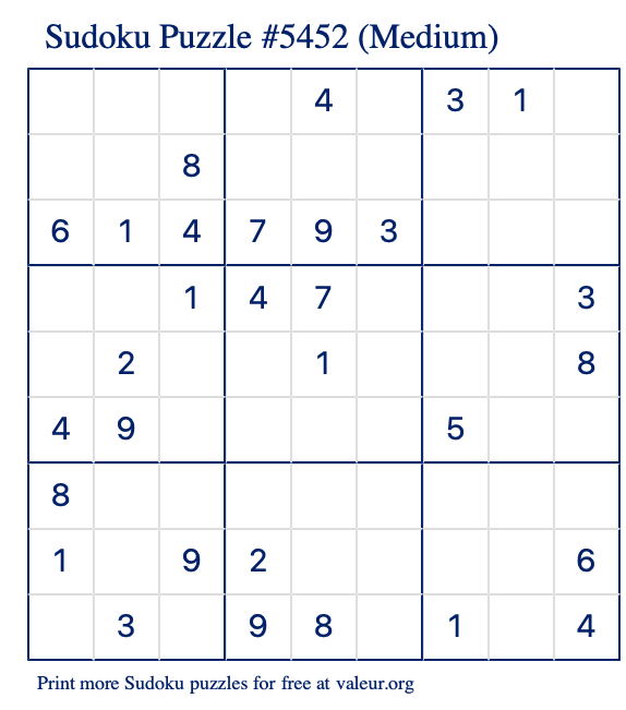 Free Printable Medium Sudoku Puzzle number 5452