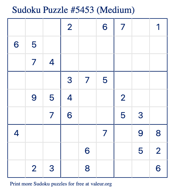 Free Printable Medium Sudoku Puzzle number 5453