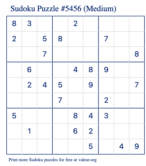 Free Printable Medium Sudoku Puzzle number 5456