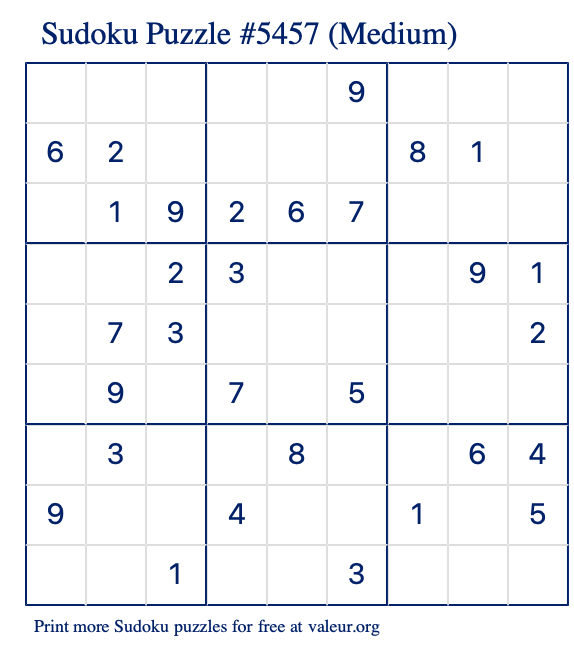 Free Printable Medium Sudoku Puzzle number 5457