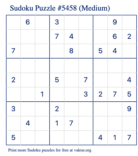 Free Printable Medium Sudoku Puzzle number 5458