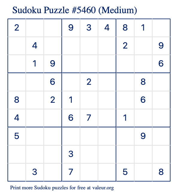 Free Printable Medium Sudoku Puzzle number 5460