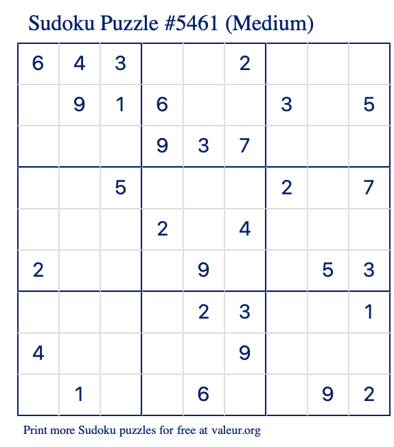 Free Printable Medium Sudoku Puzzle number 5461