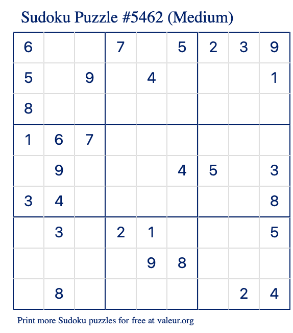 Free Printable Medium Sudoku Puzzle number 5462