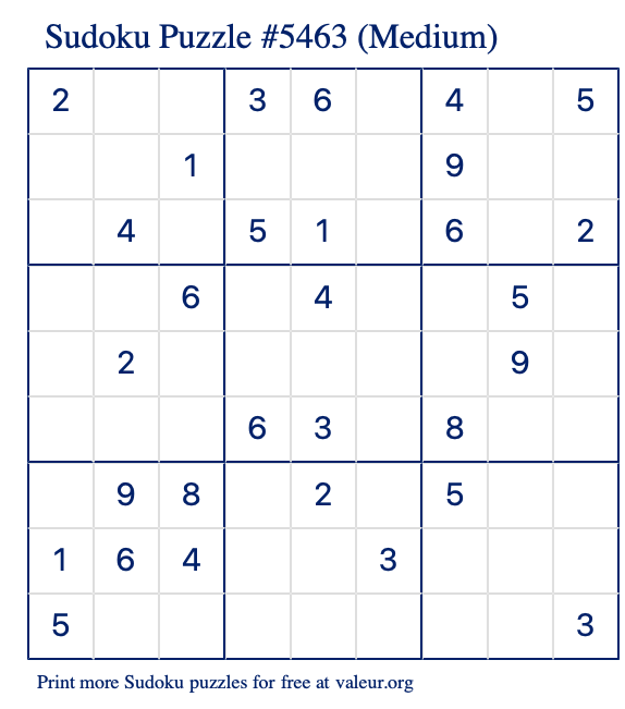 Free Printable Medium Sudoku Puzzle number 5463