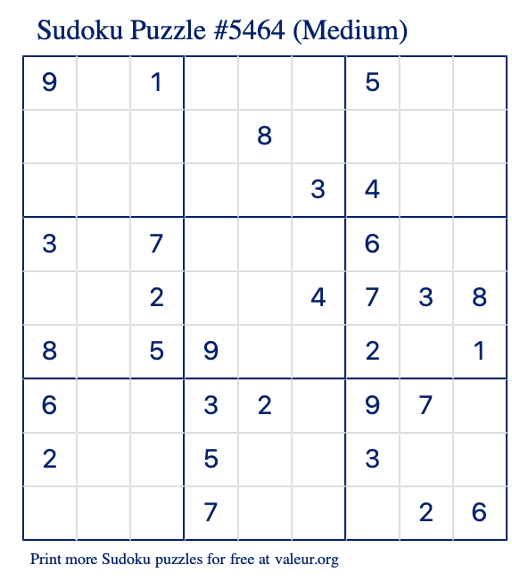 Free Printable Medium Sudoku Puzzle number 5464