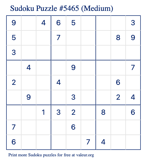 Free Printable Medium Sudoku Puzzle number 5465