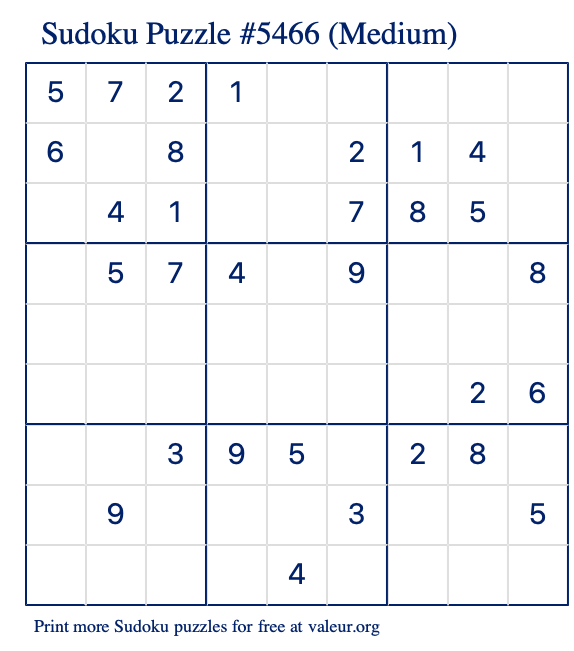 Free Printable Medium Sudoku Puzzle number 5466