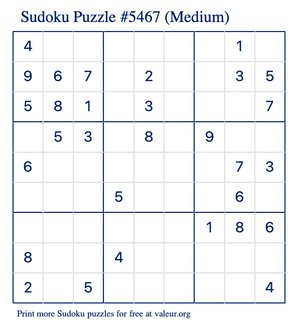 Free Printable Medium Sudoku Puzzle number 5467