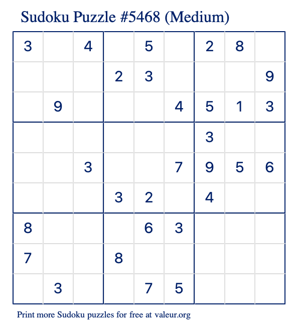 Free Printable Medium Sudoku Puzzle number 5468