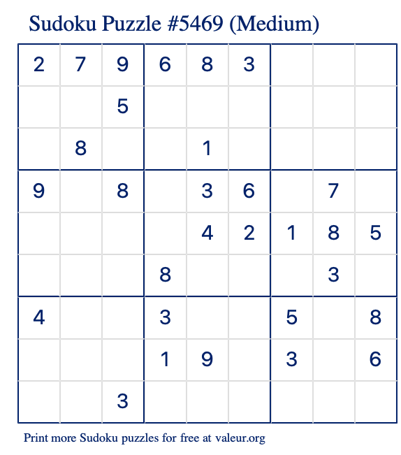 Free Printable Medium Sudoku Puzzle number 5469