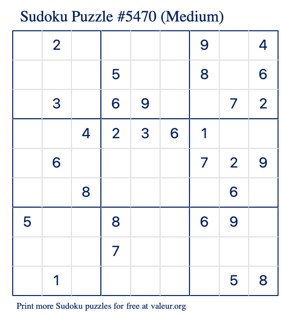 Free Printable Medium Sudoku Puzzle number 5470