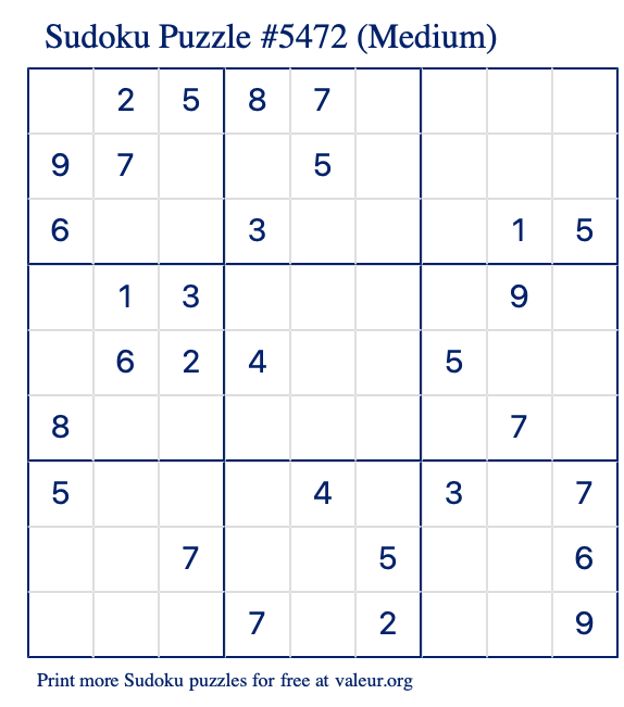 Free Printable Medium Sudoku Puzzle number 5472