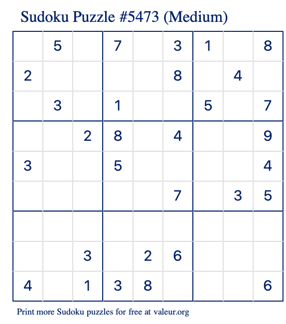 Free Printable Medium Sudoku Puzzle number 5473