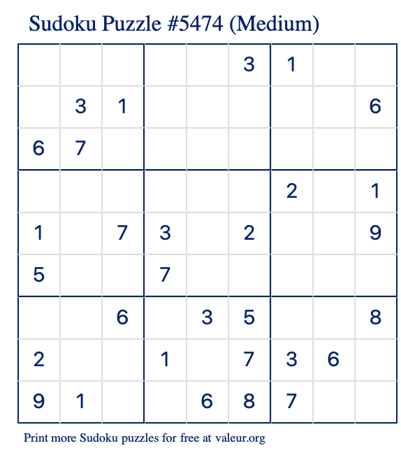 Free Printable Medium Sudoku Puzzle number 5474