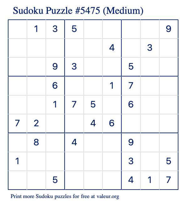 Free Printable Medium Sudoku Puzzle number 5475