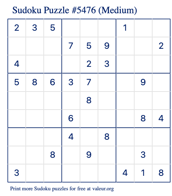 Free Printable Medium Sudoku Puzzle number 5476