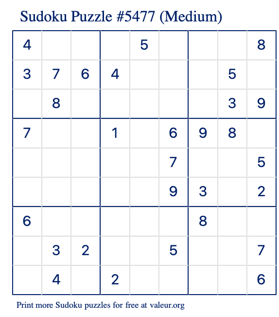 Free Printable Medium Sudoku Puzzle number 5477