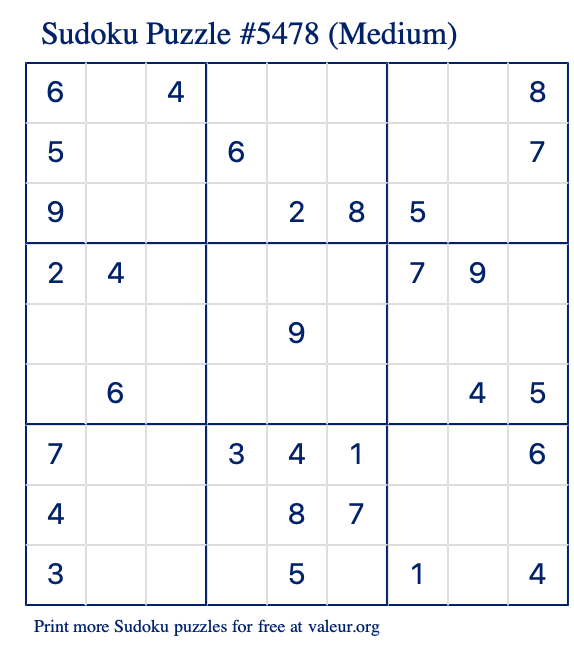 Free Printable Medium Sudoku Puzzle number 5478