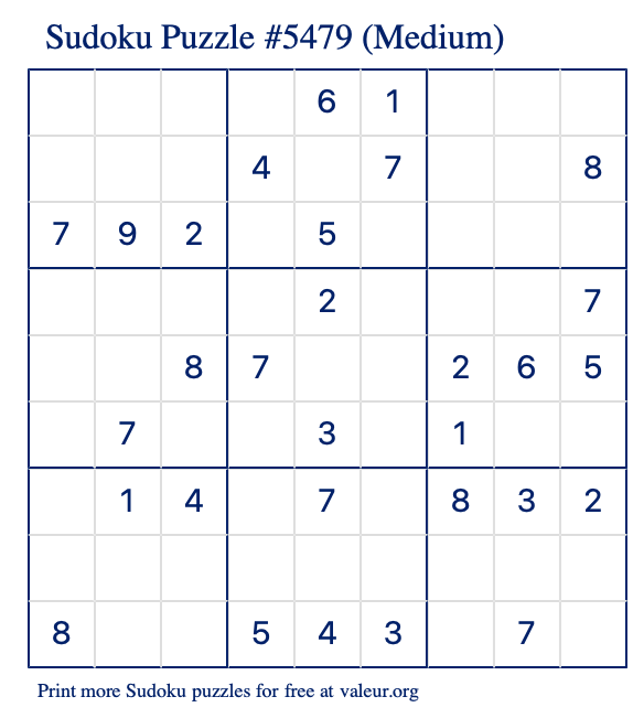 Free Printable Medium Sudoku Puzzle number 5479