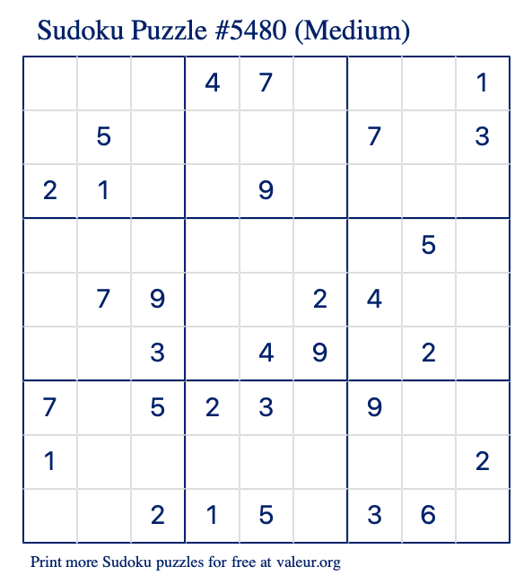 Free Printable Medium Sudoku Puzzle number 5480