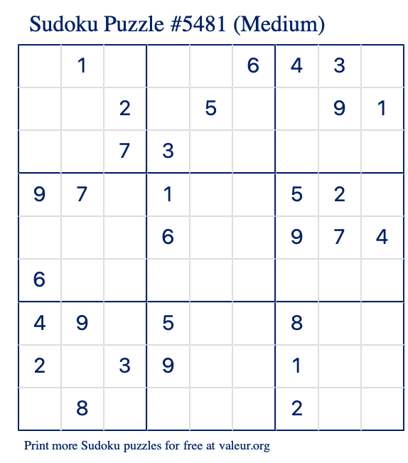 Free Printable Medium Sudoku Puzzle number 5481