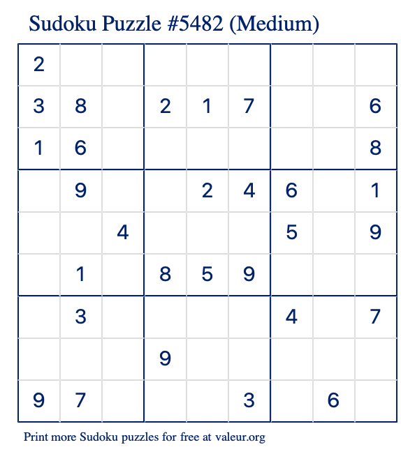 Free Printable Medium Sudoku Puzzle number 5482