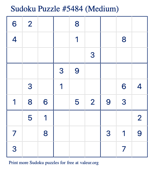 Free Printable Medium Sudoku Puzzle number 5484