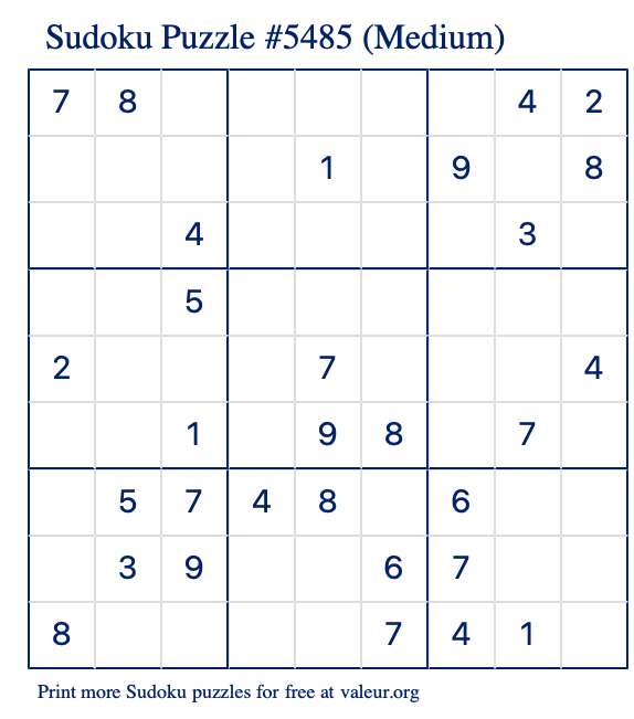 Free Printable Medium Sudoku Puzzle number 5485