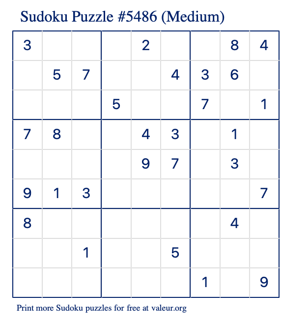 Free Printable Medium Sudoku Puzzle number 5486