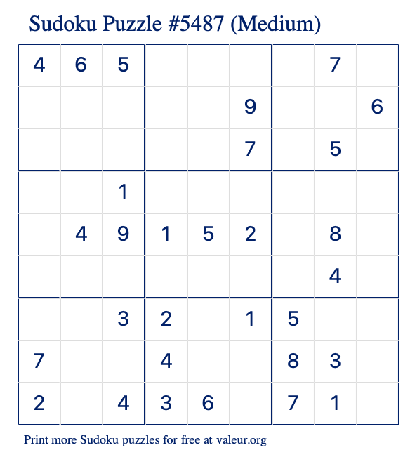 Free Printable Medium Sudoku Puzzle number 5487