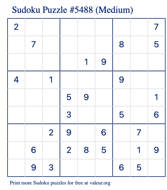 Free Printable Medium Sudoku Puzzle number 5488