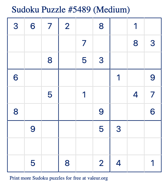 Free Printable Medium Sudoku Puzzle number 5489