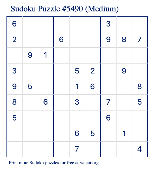 Free Printable Medium Sudoku Puzzle number 5490