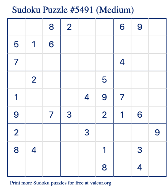 Free Printable Medium Sudoku Puzzle number 5491