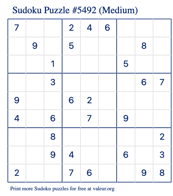 Free Printable Medium Sudoku Puzzle number 5492