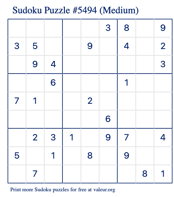 Free Printable Medium Sudoku Puzzle number 5494