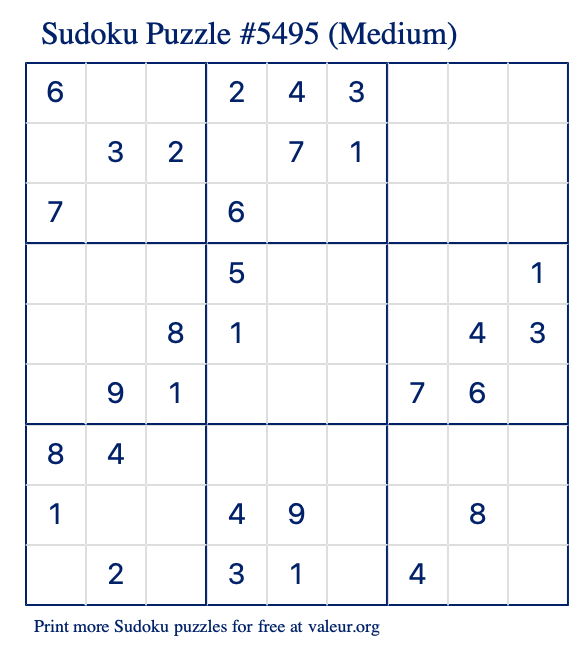 Free Printable Medium Sudoku Puzzle number 5495