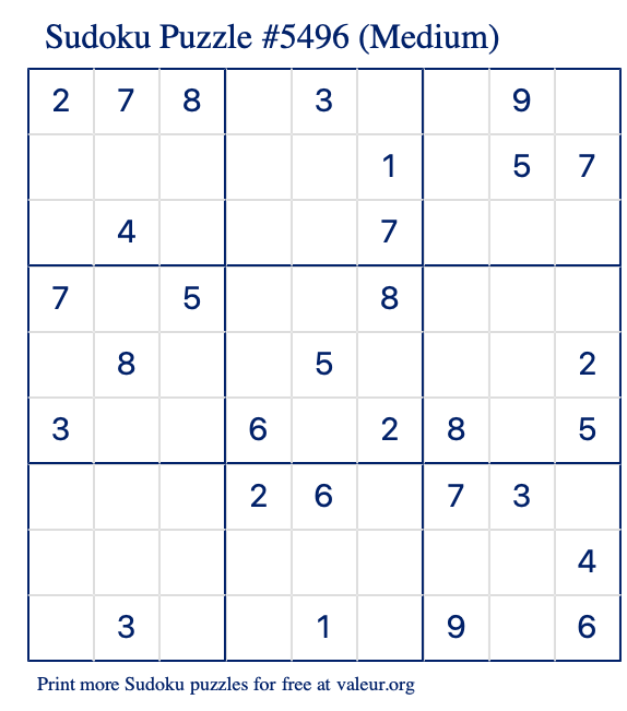 Free Printable Medium Sudoku Puzzle number 5496