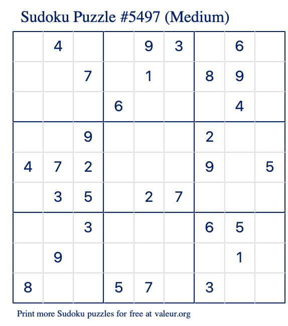 Free Printable Medium Sudoku Puzzle number 5497