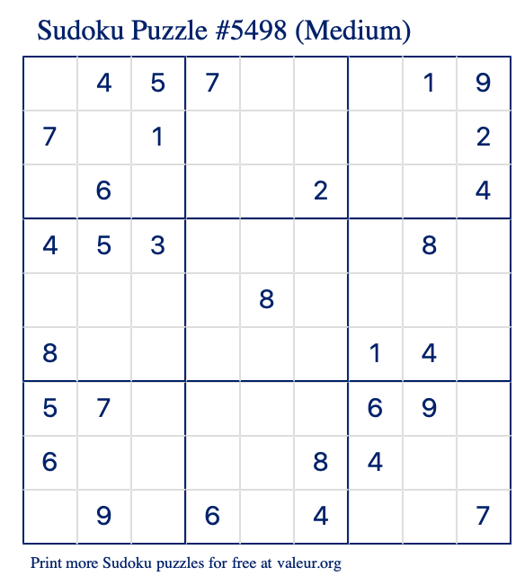 Free Printable Medium Sudoku Puzzle number 5498