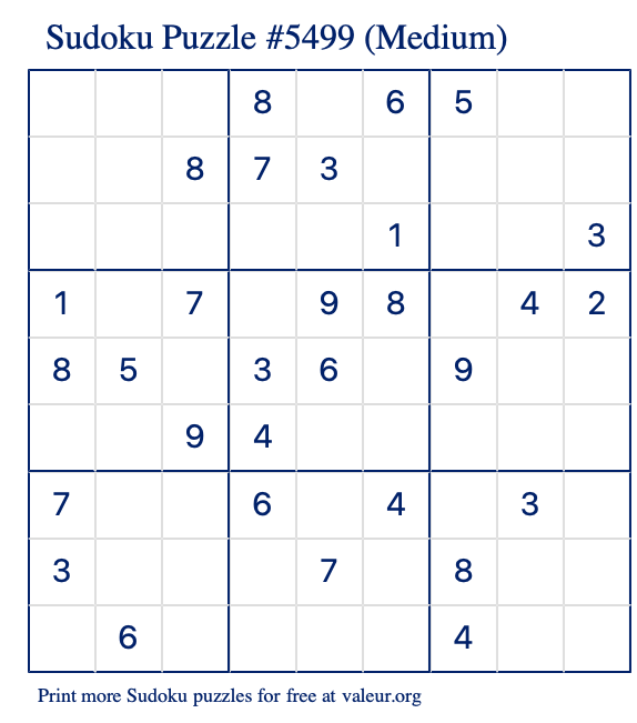 Free Printable Medium Sudoku Puzzle number 5499