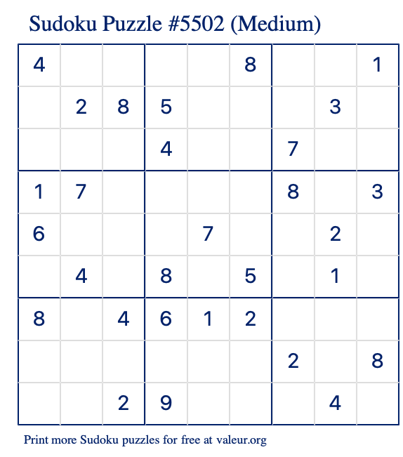 Free Printable Medium Sudoku Puzzle number 5502