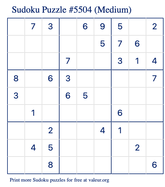 Free Printable Medium Sudoku Puzzle number 5504